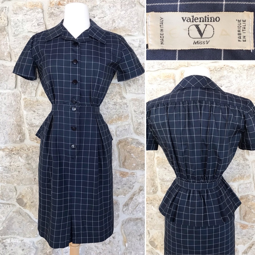 Vintage Early 1990s Valentino Miss V Navy Windowpane Plaid Peplum Shirt Dress XS